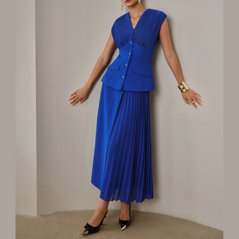 Cobalt Blue Pleated V-Neck Peplum Top and Maxi Skirt Set